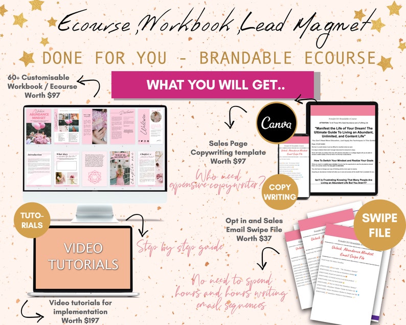 May include: A pink and white digital marketing lead magnet for an e-course and workbook. The image shows a computer screen displaying a workbook with the title "Abundance Mindset". The text "Ecourse Workbook Lead Magnet" is written in a pink and white font. The text "Done for you - Brandable Ecourse" is written in a pink and white font. The text "What you will get..." is written in a pink and white font. The text "Sales Page Copywriting Template Worth $97" is written in a pink and white font. The text "Who need expensive copywriters?" is written in a pink and white font. The text "Copywriting" is written in a pink and white font. The text "Opt in and Sales Email Swipe File Worth $37" is written in a pink and white font. The text "Step by step guide" is written in a pink and white font. The text "No need to spend hours and hours writing email sequences" is written in a pink and white font. The text "Video Tutorials for Implementation Worth $197" is written in a pink and white font. The text "Swipe File" is written in a pink and white font.