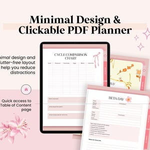 May include: A digital planner with a minimalist design, featuring a cycle comparison chart and a beta day form. The planner is displayed on a tablet and includes the text "Minimal Design & Clickable PDF Planner". The color scheme is primarily pink and white.