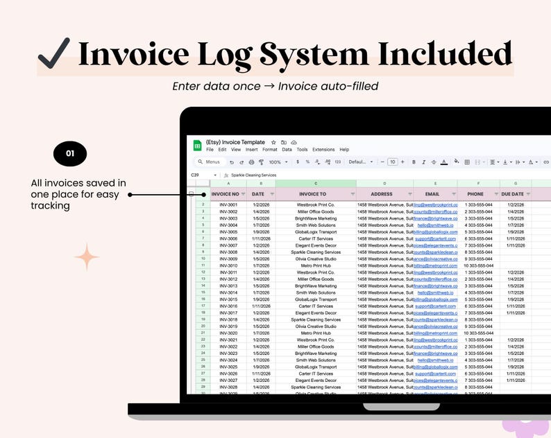 Invoices Log In Invoice Template Editable in Google Sheet Business Booking Invoice ...