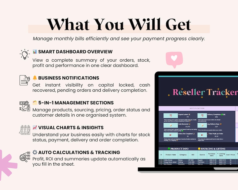 May include: A laptop screen displays a spreadsheet titled "Reseller Tracker." The image includes text: "What You Will Get," and details on dashboard overview, business notifications, management sections, visual charts, and auto calculations.