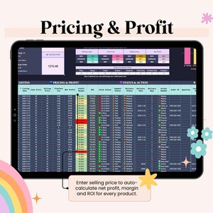 May include: A black tablet displays a spreadsheet titled "Pricing & Profit." The screen shows data analysis with columns for listing, pricing, and profit. Text on the screen includes "Enter selling price to auto-calculate net profit, margin and ROI for every product."