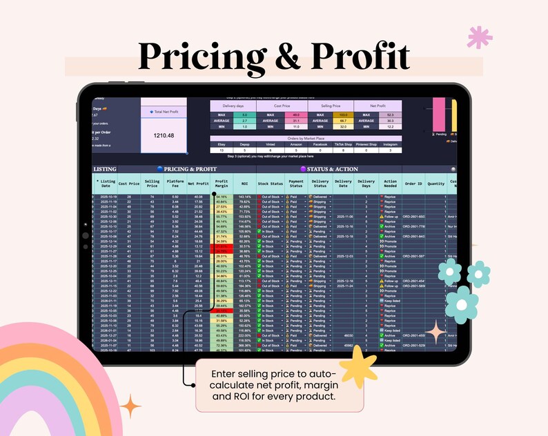 May include: A black tablet displays a spreadsheet titled "Pricing & Profit." The screen shows data analysis with columns for listing, pricing, and profit. Text on the screen includes "Enter selling price to auto-calculate net profit, margin and ROI for every product."