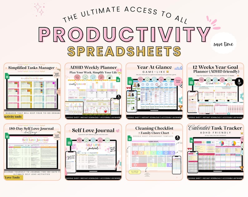 Entire Shop Access Spreadsheet Planner Bundle | Productivity Google Sheets Mega Bundle | Business, Life, Teacher Finance Planner Tracker image 2