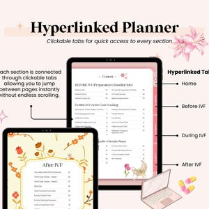 May include: A digital planner displayed on two tablets and a laptop, featuring the text "Hyperlinked Planner." The planner includes sections for IVF preparation, during IVF, and after IVF, with clickable tabs for easy navigation. The background is a soft pink with floral accents.