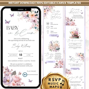 Baby in Bloom Baby Shower Invitation RSVP Pink Butterfly Wildflower Mobile Invites Botanical Flower Virtual Baby Shower Digital Rsvp Tracker