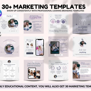 May include: A collage of 10 Instagram post templates for a life coach. The templates feature a purple and white color scheme with a star and moon design. The text on the templates includes "Hello!", "I'm Patricia", "Who Should Consider Working With Me", "Coaching Process", "16 Live With", "Coaching Class", "50% Off All Courses & Workbooks", "Ask Me Anything", "Coach The Replay", "My Life Coaching Success Stories", "Client Testimonials".