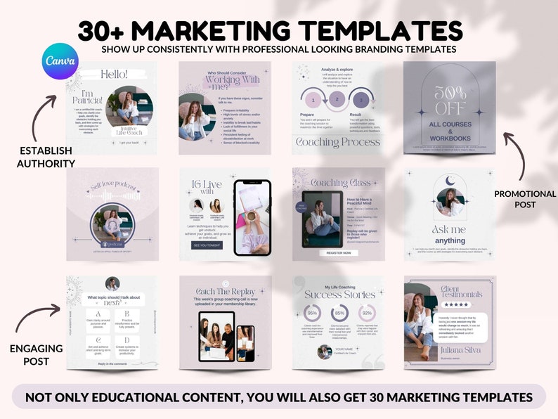 May include: A collage of 10 Instagram post templates for a life coach. The templates feature a purple and white color scheme with a star and moon design. The text on the templates includes "Hello!", "I'm Patricia", "Who Should Consider Working With Me", "Coaching Process", "16 Live With", "Coaching Class", "50% Off All Courses & Workbooks", "Ask Me Anything", "Coach The Replay", "My Life Coaching Success Stories", "Client Testimonials".