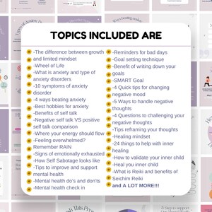 May include: A pink and yellow graphic with the text "TOPICS INCLUDED ARE" in black. The graphic lists topics related to mental health, self-care, and personal growth. Some of the topics include: the difference between growth and limited mindset, reminders for bad days, goal setting techniques, and benefits of writing down your goals.