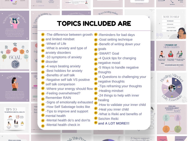 May include: A pink and yellow graphic with the text "TOPICS INCLUDED ARE" in black. The graphic lists topics related to mental health, self-care, and personal growth. Some of the topics include: the difference between growth and limited mindset, reminders for bad days, goal setting techniques, and benefits of writing down your goals.