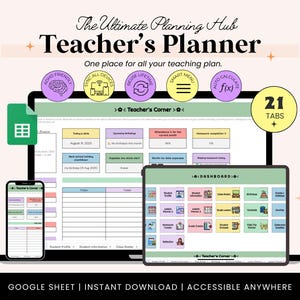 Puede incluir: Un planificador digital para profesores que se muestra en una computadora portátil, tableta y teléfono inteligente. El planificador incluye secciones para planes de lecciones, información del estudiante y asistencia. El texto "Teacher's Planner" está incluido.