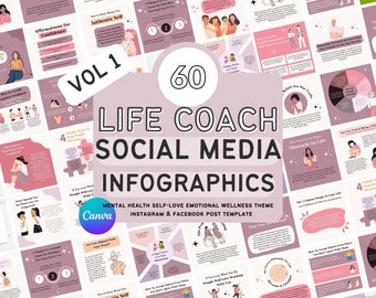 60 Life Coach Mental Health Social Media CANVA Templates | Life Coach Instagram Post Templates|Social Media Post | Emotional Wellness