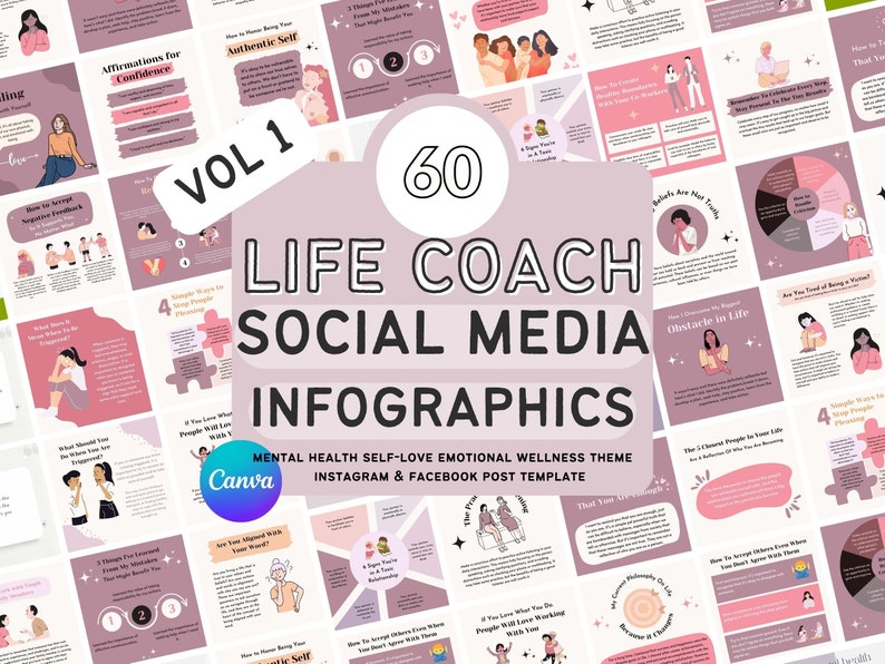 60 Life Coach Mental Health Social Media CANVA Templates | Life Coach ...