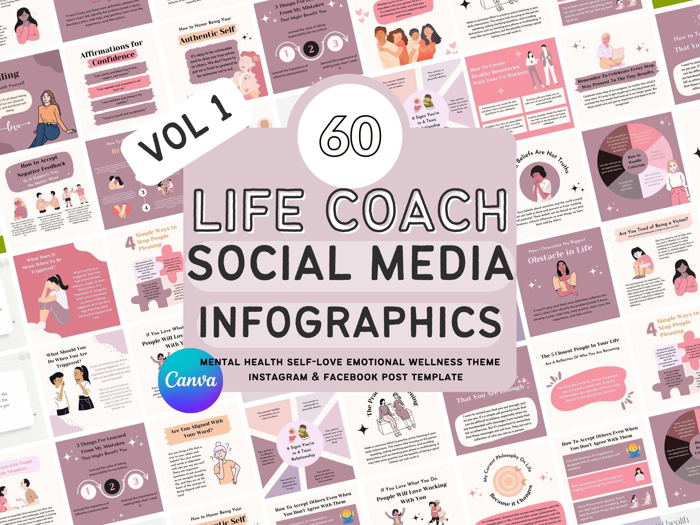 60 Life Coach Mental Health Social Media CANVA Templates | Life Coach ...