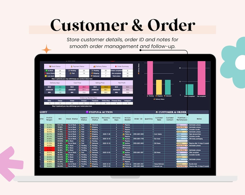 May include: A laptop screen displaying a spreadsheet titled "Customer & Order." The screen shows data tables, charts, and the text "Store customer details, order ID and notes for smooth order management and follow-up."