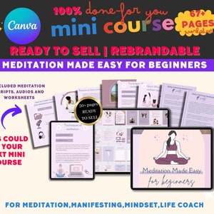 Done For You | Meditation Made Easy for Beginners Brandable eCourse |Editable Canva |Life coaching tools | Course Workbook template