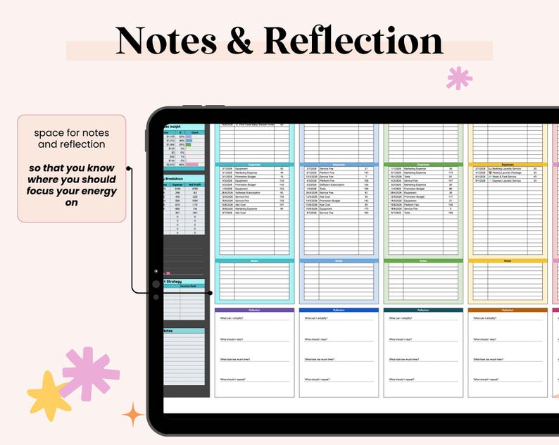 May include: A digital tablet showing a spreadsheet template with the text "Notes & Reflection." The template includes sections for notes, reflection, and strategy, with the text "so that you know where you should focus your energy on."