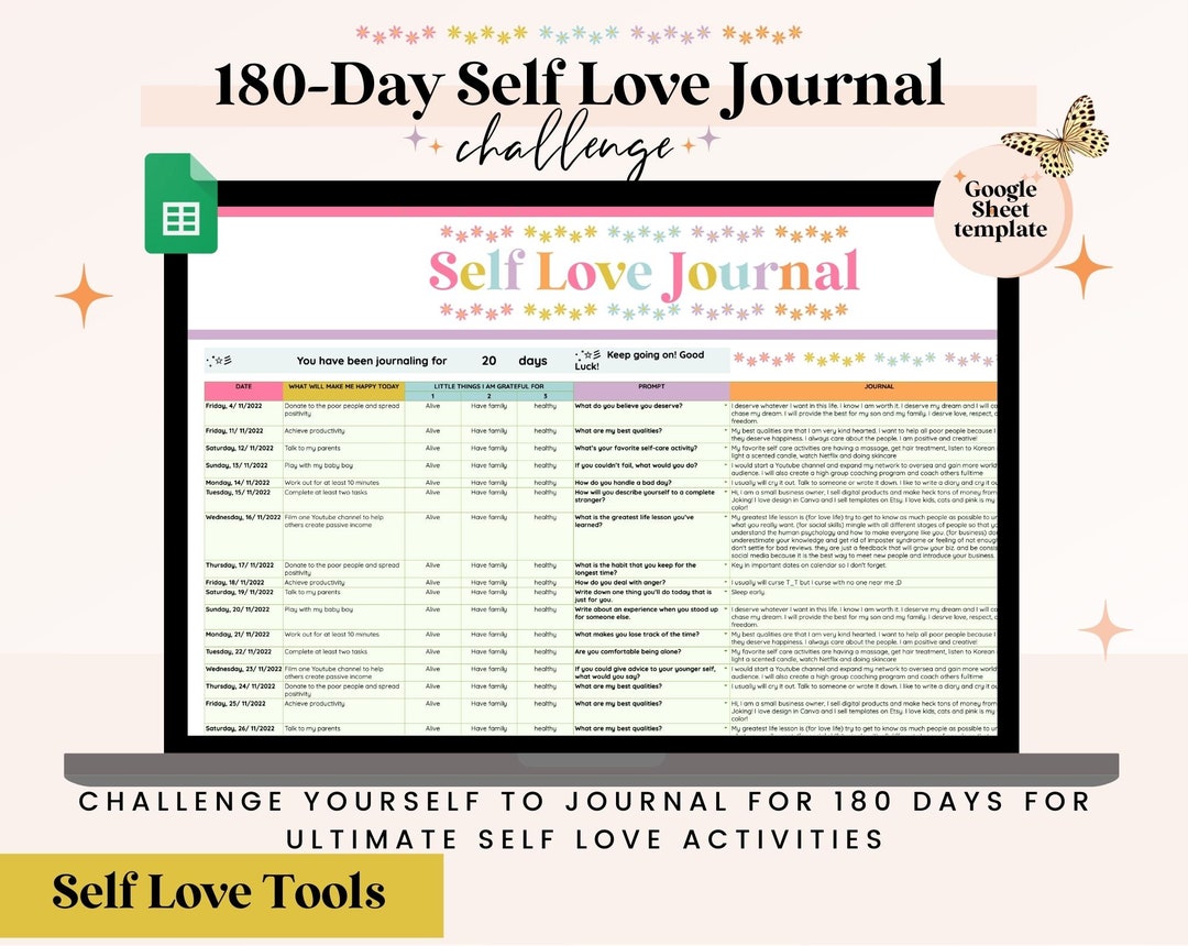 Journal Google Sheet| 180 Days Self Love Journal Google Sheet