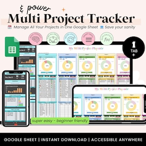 May include: A digital project tracker displayed on a laptop, tablet, and smartphone. The interface features a spreadsheet layout with charts and data visualizations. Text includes "Multi Project Tracker", "Manage All Your Projects", and "super easy - beginner friendly".
