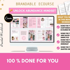 May include: A computer screen displaying a pink and white e-course workbook with the text "Unlock Abundance Mindset" and "100% Done For You". The workbook includes a welcome page, a chapter on "What does abundance mean to me?" and a chapter on "Scarcity Mindset Traps".