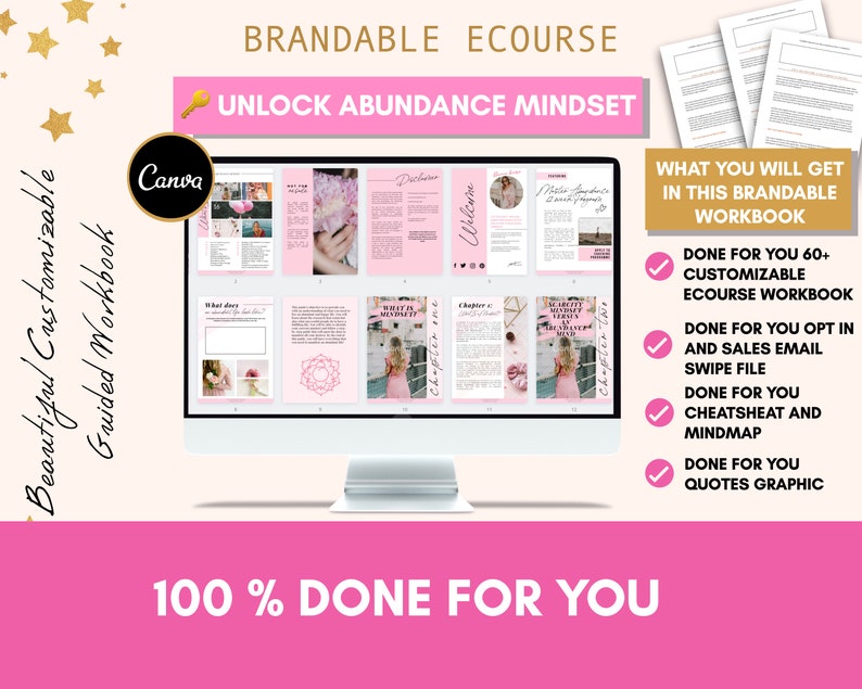 May include: A computer screen displaying a pink and white e-course workbook with the text "Unlock Abundance Mindset" and "100% Done For You". The workbook includes a welcome page, a chapter on "What does abundance mean to me?" and a chapter on "Scarcity Mindset Traps".