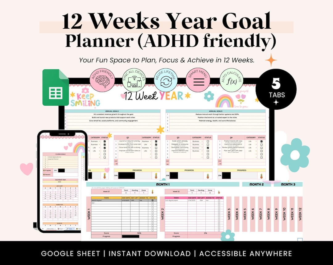 12 Week Year Google Sheets | 12 Week Year Planner Template | Goal ...
