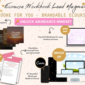 May include: A digital marketing kit for an abundance mindset e-course. The kit includes 10 quote graphics, a mind map, checklists, journal prompts, and 10 mockups made in Canva. The text "Unlock Abundance Mindset" is featured in pink.