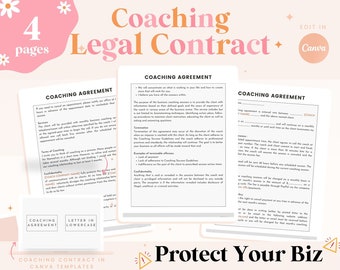 Coaching Contract Template, Coaching Agreement Template, Coaching Intake Forms, Contract, Price list, Invoice Templates editable in Canva