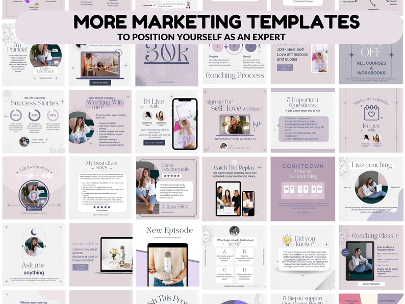 May include: A collection of 16 Instagram story templates for coaches and online business owners. The templates feature a purple and white color scheme with floral accents and text overlays. The text includes phrases like "Success Stories", "Ask me anything", "16 Live with me", and "Coaching Process".