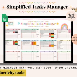 Pode incluir: Um ecrã de computador portátil exibe uma folha de cálculo digital de gerenciamento de tarefas intitulada "Simplified Tasks Manager". O design inclui um arco-íris, estrelas e o texto "Productivity tools". A imagem também inclui o texto "Google Sheet template."