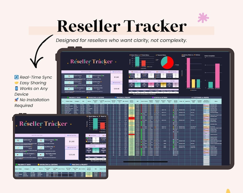 May include: A digital reseller tracker displayed on a tablet and a smaller device. The screen shows data visualizations and the text "Reseller Tracker". Features include real-time sync, easy sharing, and no installation required.