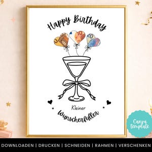 May include: A framed print with a black and white illustration of a martini glass with heart-shaped balloons made of money. The text "Happy Birthday" is above the balloons. The text "Kleiner Wunscherfullen" is below the glass.