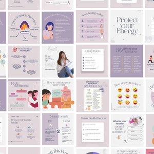May include: A collage of 16 Instagram-style squares with tips and advice on mental health, self-care, and inner healing. The squares feature illustrations, text, and a few photos of a woman. Some of the text includes "Protect your energy", "Heal your inner child", "30 ways to make progress", and "Daily Essentials".