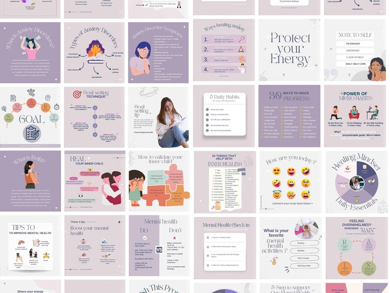 May include: A collage of 16 Instagram-style squares with tips and advice on mental health, self-care, and inner healing. The squares feature illustrations, text, and a few photos of a woman. Some of the text includes "Protect your energy", "Heal your inner child", "30 ways to make progress", and "Daily Essentials".