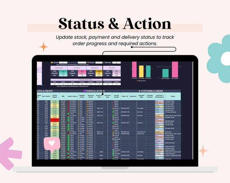 May include: A laptop screen displays a spreadsheet titled "Status & Action." The text reads "Update stock, payment and delivery status to track order progress and required actions." The screen shows data tables with various columns and rows, and a pink heart icon.