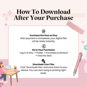 May include: A pink and white graphic with instructions on how to download a purchase from Etsy. The text includes steps like purchasing the item, going to purchases, and downloading files. A cartoon of a person at a desk is in the corner.