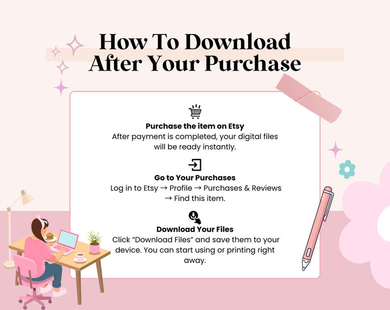 May include: A pink and white graphic with instructions on how to download a purchase from Etsy. The text includes steps like purchasing the item, going to purchases, and downloading files. A cartoon of a person at a desk is in the corner.
