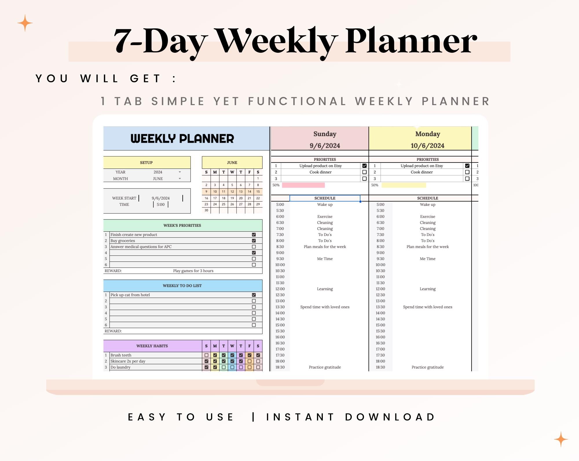 Weekly Planner Spreadsheet, ADHD Weekly Time Blocking Planner, Daily ...