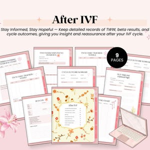 May include: A collection of nine pink and white printable pages for tracking IVF cycles. The pages include charts for embryo banking, TWW daily tracking, beta day, and cycle outcomes. The title "After IVF" is displayed at the top.