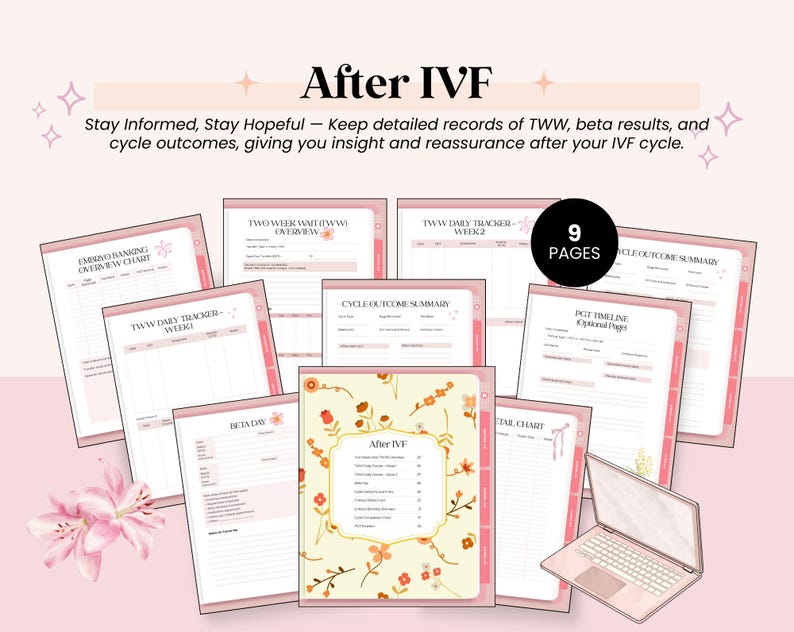 May include: A collection of nine pink and white printable pages for tracking IVF cycles. The pages include charts for embryo banking, TWW daily tracking, beta day, and cycle outcomes. The title "After IVF" is displayed at the top.