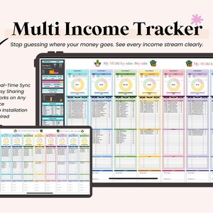 May include: Two digital tablets showing a "Multi Income Tracker" with colourful charts and data. The text reads "Stop guessing where your money goes. See every income stream clearly." Features include real-time sync, easy sharing, and works on any device.