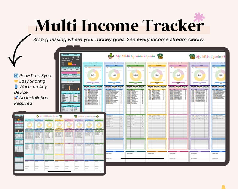 May include: Two digital tablets showing a "Multi Income Tracker" with colourful charts and data. The text reads "Stop guessing where your money goes. See every income stream clearly." Features include real-time sync, easy sharing, and works on any device.