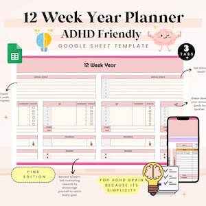 12 Week Year Planner Google Sheets Template, 90 Day Planner Google Sheets, 12 Week Goal Planner Tracker, 3 month Quarterly Goal Annual