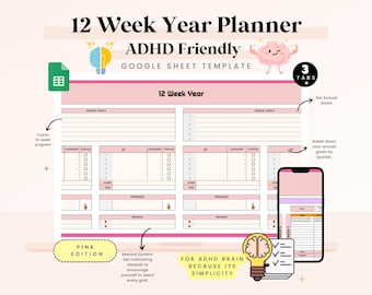 Google Spreadsheets-sjabloon voor 12-weekse jaarplanner, Google Spreadsheets-planner voor 90 dagen, 12-wekenplanner voor doelen, 3 maanden per kwartaal