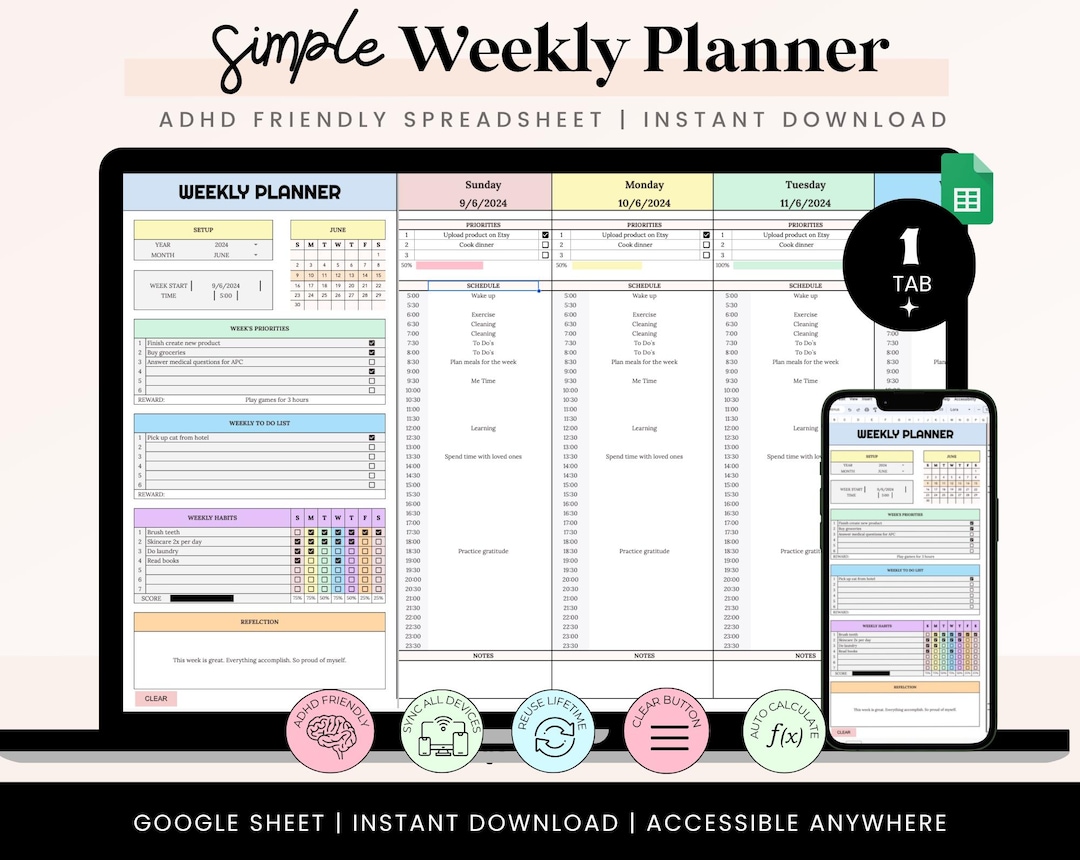 Weekly Planner Spreadsheet, ADHD Weekly Time Blocking Planner, Daily ...