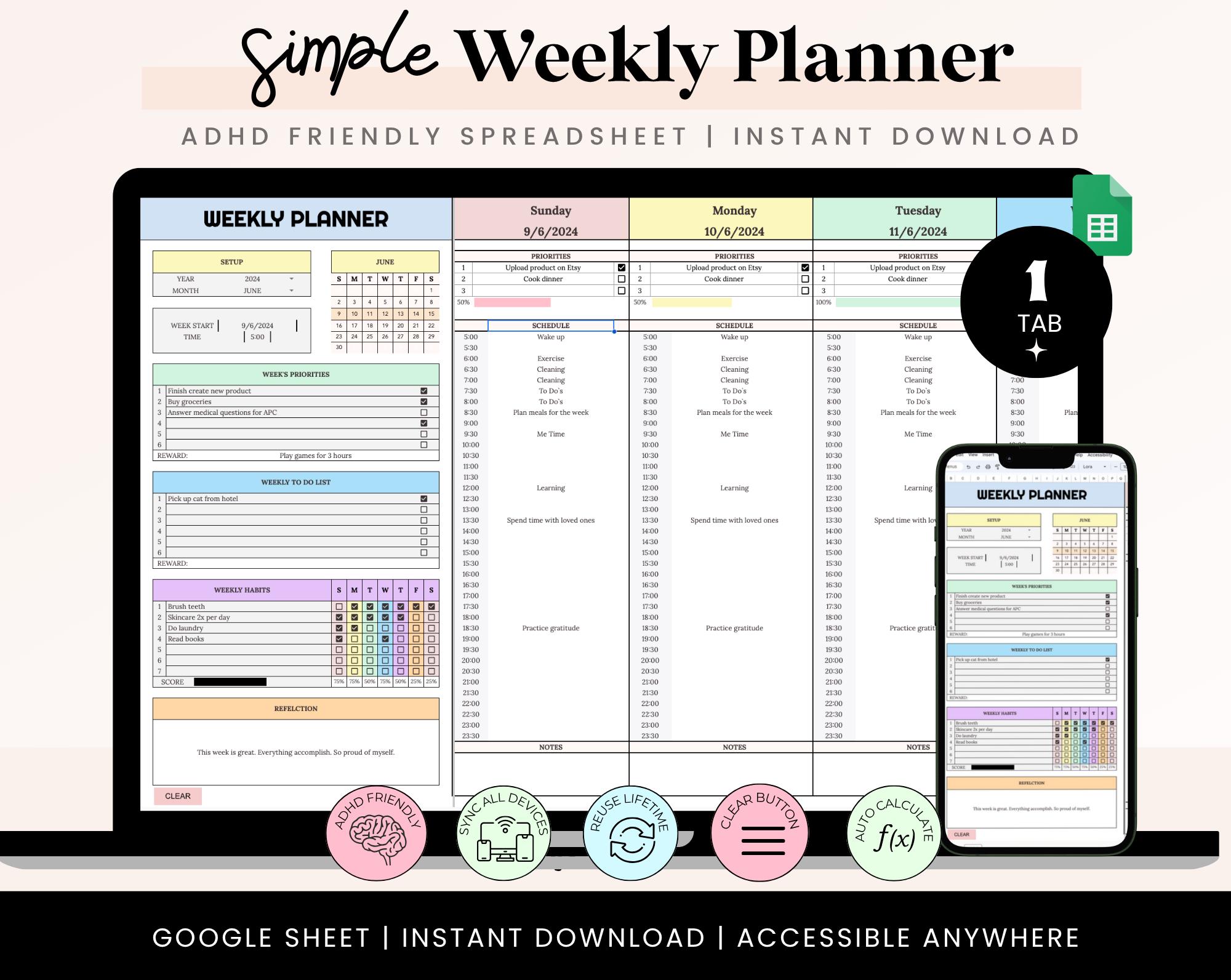 Weekly Planner Spreadsheet, ADHD Weekly Time Blocking Planner, Daily ...