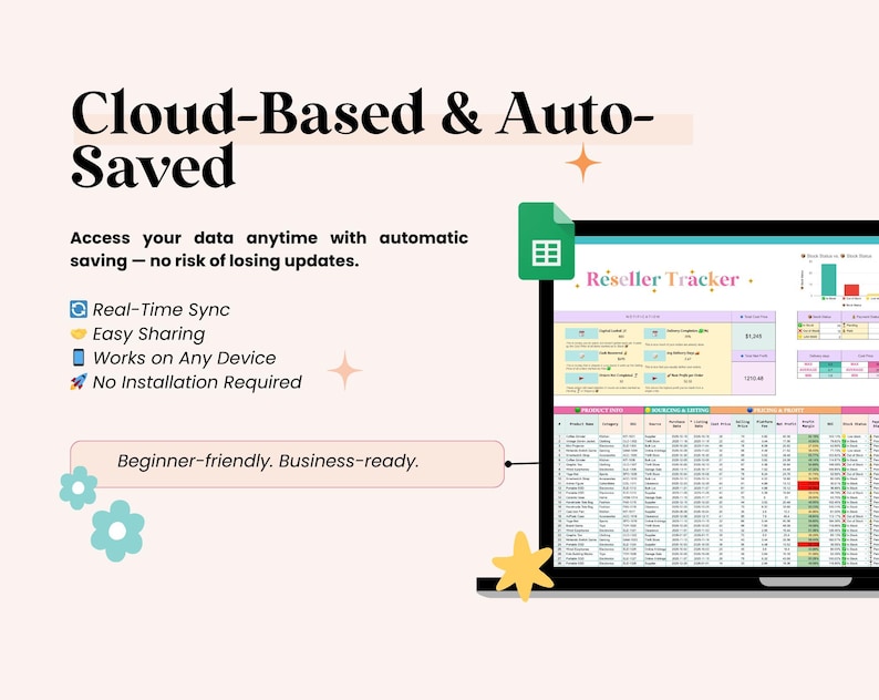 May include: A laptop screen showing a spreadsheet titled "Reseller Tracker." The screen displays data tables and charts. The image also includes the text "Cloud-Based & Auto-Saved" and bullet points detailing features such as real-time sync and easy sharing.