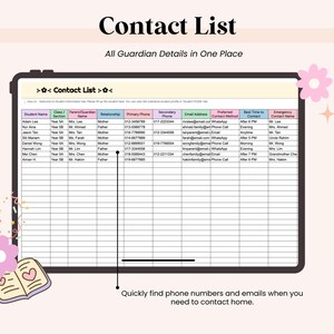 May include: A digital contact list titled "Contact List" with the text "All Guardian Details in One Place." The list includes student names, parent/guardian names, phone numbers, and email addresses. Decorative elements include flowers and a book.