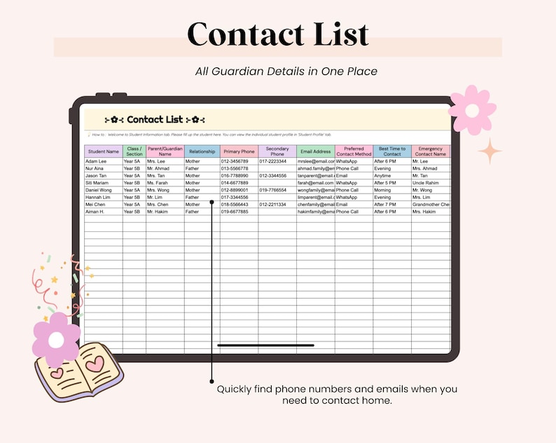 May include: A digital contact list titled "Contact List" with the text "All Guardian Details in One Place." The list includes student names, parent/guardian names, phone numbers, and email addresses. Decorative elements include flowers and a book.