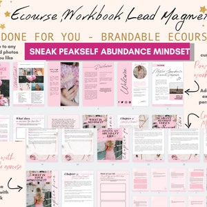 May include: A pink and white digital workbook with the title "Unlock Abundance Mindset" and the text "Sneak Peakself Abundance Mindset". The workbook is divided into chapters and includes images and text. The workbook is customizable and includes exercises for personal growth.