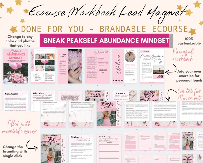 May include: A pink and white digital workbook with the title "Unlock Abundance Mindset" and the text "Sneak Peakself Abundance Mindset". The workbook is divided into chapters and includes images and text. The workbook is customizable and includes exercises for personal growth.